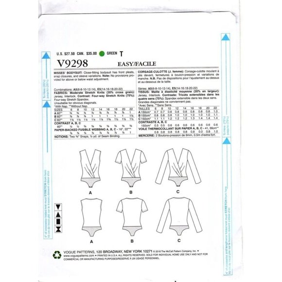 Vogue V9298 Womens 14 to 22 Surplice Bodysuit Uncut Sewing Pattern New - Picture 2 of 2